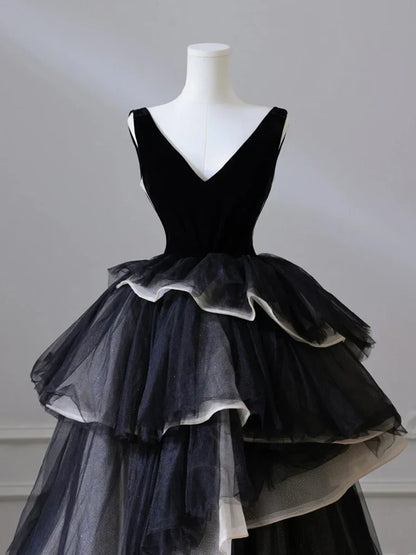 V Neck Tulle Long Prom Dress, Black Long Evening Dress HZ1024