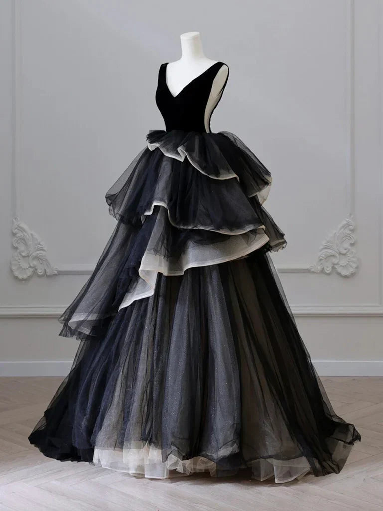 V Neck Tulle Long Prom Dress, Black Long Evening Dress HZ1024