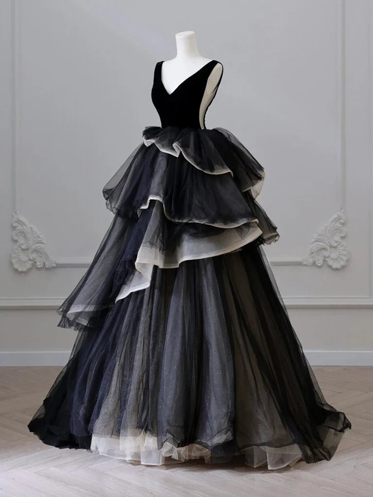 Black V Neck Tulle Long Prom Dress, Black Long Evening Dress ED0632