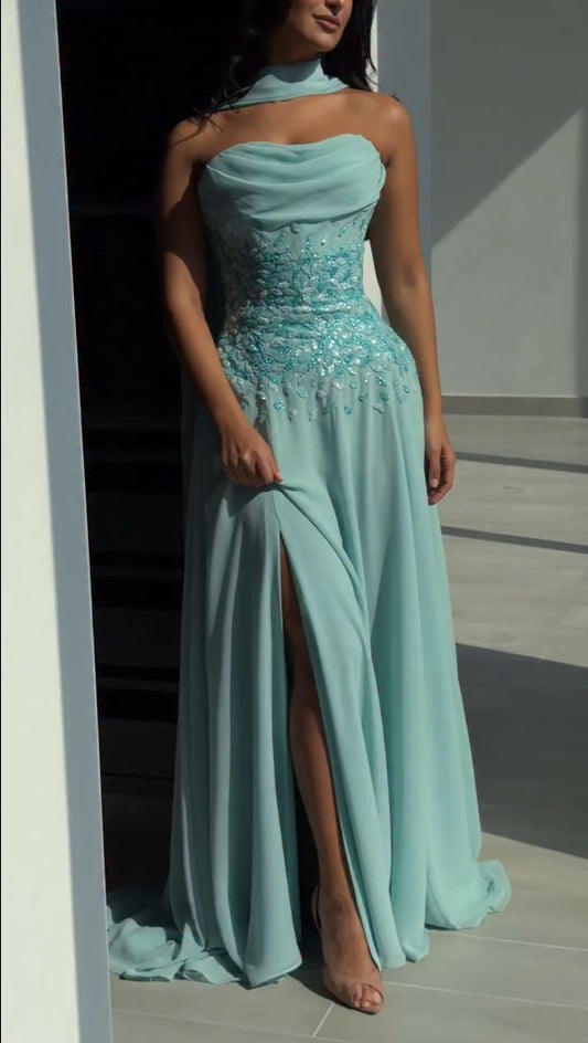 Chic A-Line Blue Long Prom Dress Sequins Chiffon Strapless Sleeveless Evening Dress ED06320