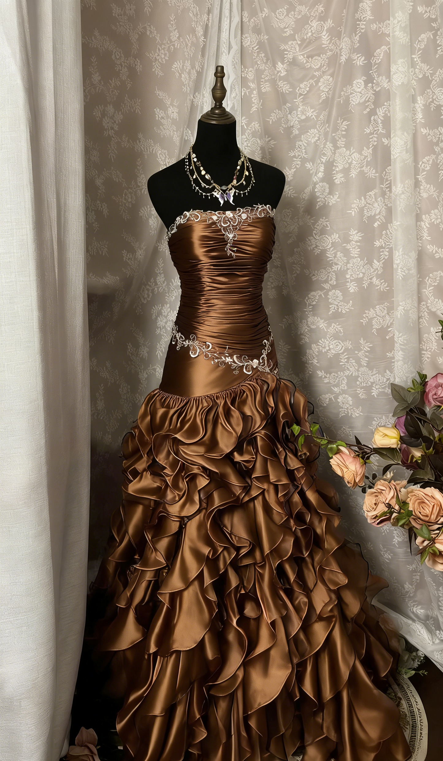 Chic Sheath Brown Long Prom Dress Tulle Strapless Sleeveless Evening Dress ED06321