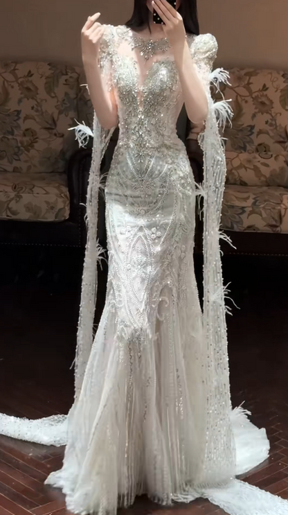 Elegant Mermaid Long Wedding Dress Beaded Tulle White Bridal Dress V-neck Bridal Gown ED06326