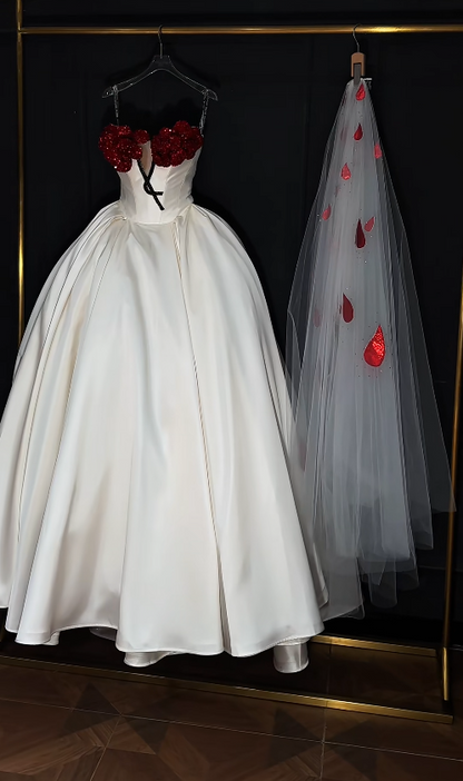 Elegant A-Line Long Wedding Dress Beaded Satin White Bridal Dress Strapless Bridal Gown ED06327