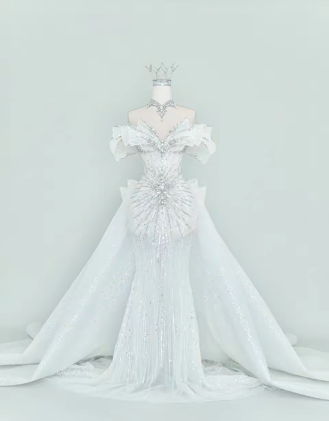 Elegant Mermaid Long Wedding Dress Beaded Tulle White Bridal Dress Off-shoulder Bridal Gown ED06328