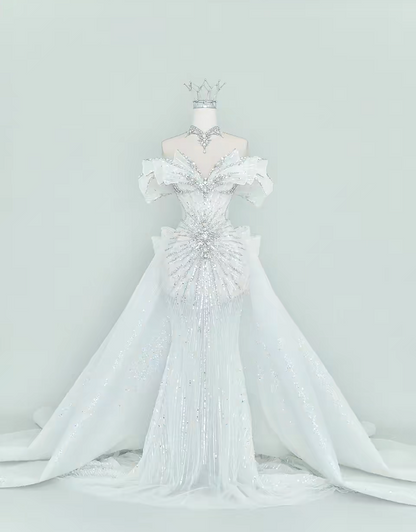 Elegant Mermaid Long Wedding Dress Beaded Tulle White Bridal Dress Off-shoulder Bridal Gown ED06328