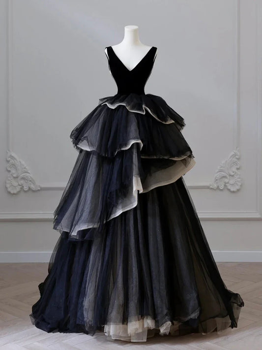 Black V Neck Tulle Long Prom Dress, Black Long Evening Dress ED0632