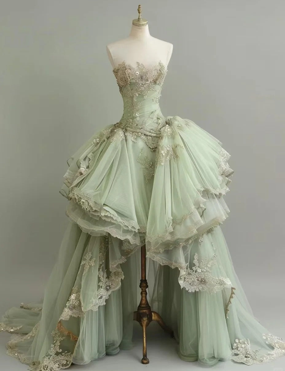 Fairy A-Line Green Long Prom Dress Appliques Tulle Sleeveless Sweet 16 Dresses Strapless Evening  Dress ED06333