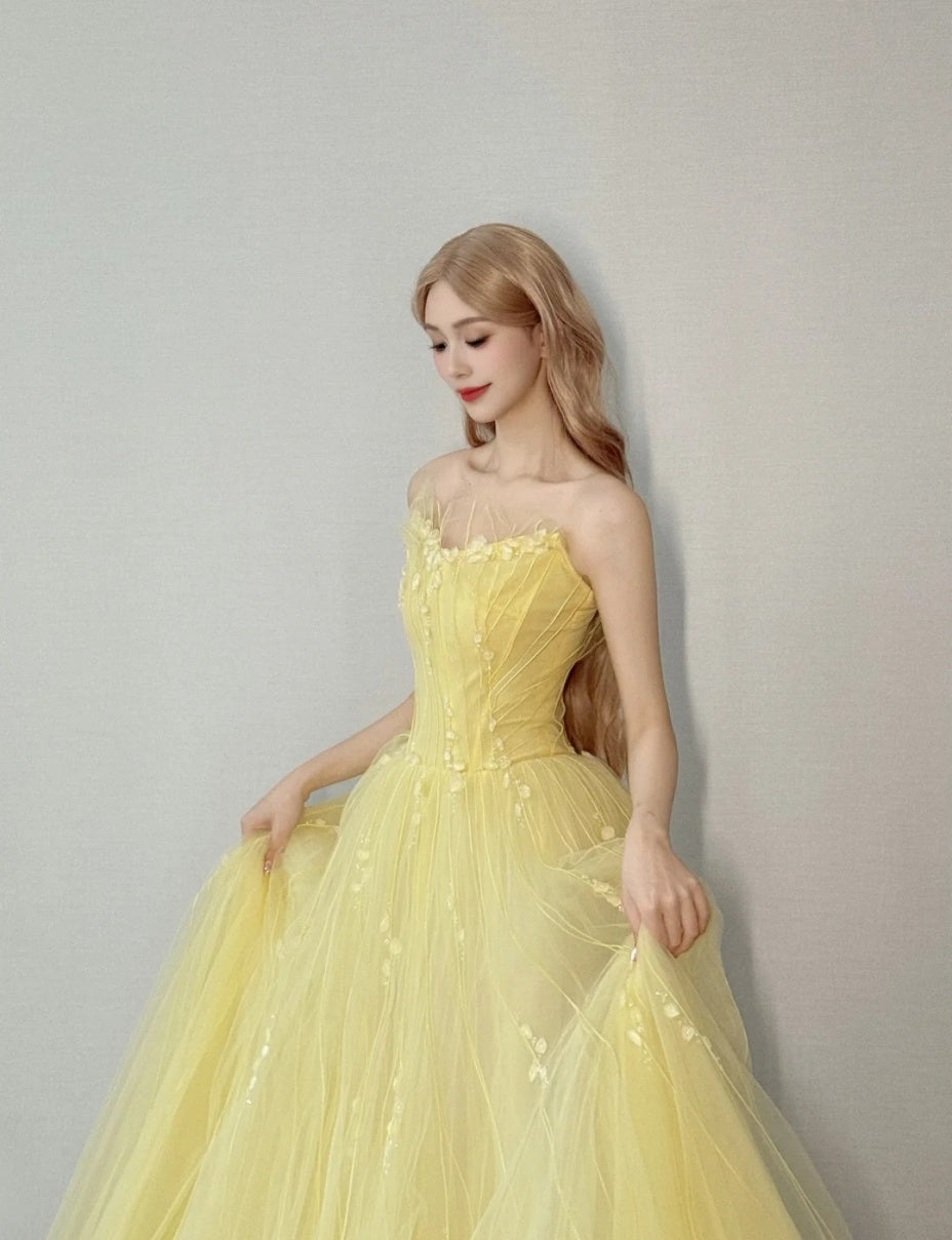 Cute A-Line Long Prom Dress Tulle Strapless Evening Dress Sleeveless Birthday Dress ED06338