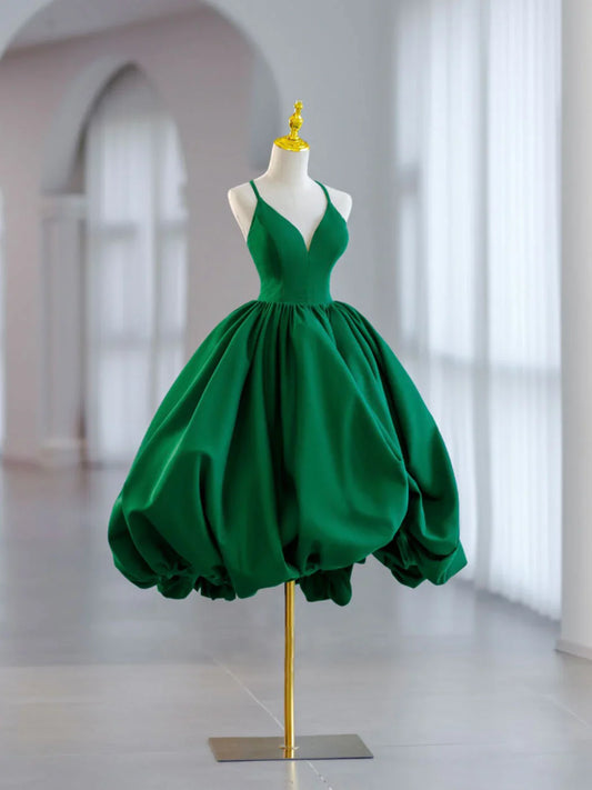 V Neck Satin Green Prom Dress, Green Formal Evening Dresses ED0633