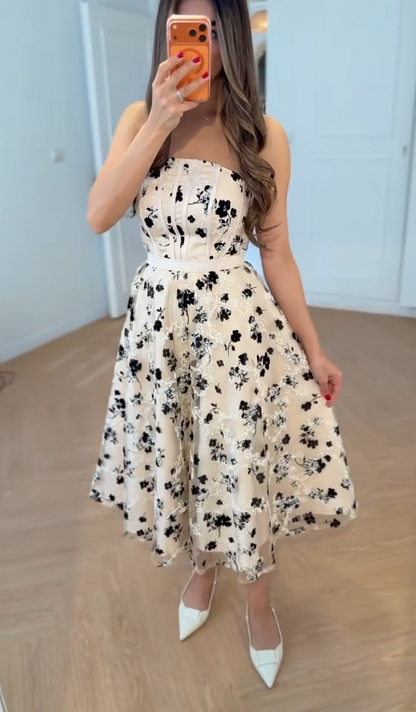 Elegant A-Line Champagne Prom Dress Floral Strapless Evening Dress ED06345