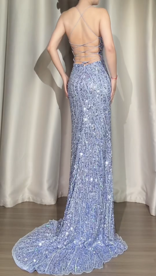 Elegant Sheath Gray Blue Long Prom Dress Sequins Spaghetti Straps Slit Evening Dress ED06350