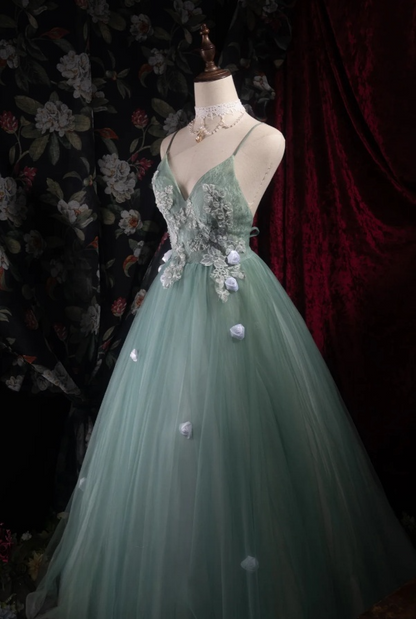 Elegant A-Line Soft Green Long Prom Dress Appliques Tulle Spaghetti Straps Evening Dress Backless Birthday Dress ED06351