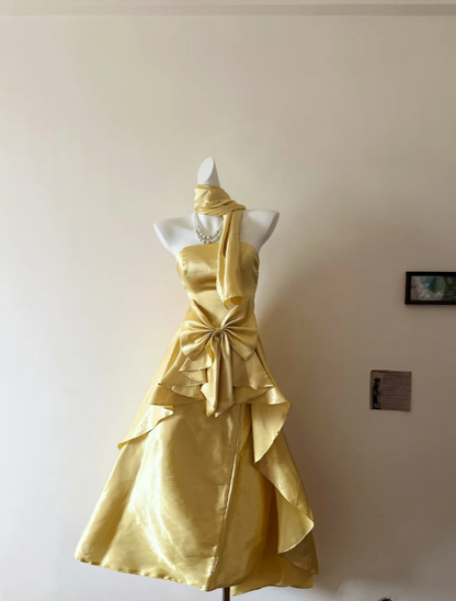 Chic A-Line Gold Long Prom Dress Satin Strapless Evening Dress Sleeveless Birthday Dress ED06353
