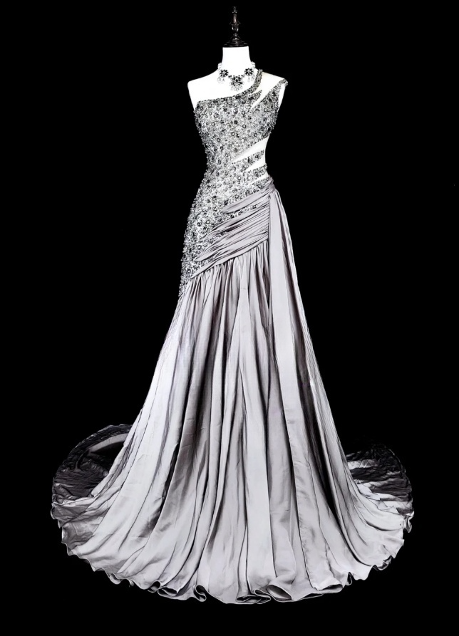 Chic Sheath Sliver Long Prom Dress Beaded Satin One-shoulder Evening Dress Sleeveless Birthday Dress ED06357