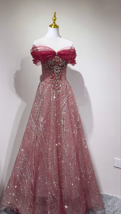 Gorgeous A-line Burgundy Long Prom Dress Tulle Beaded Off-shoulder Evening Dress Sparkly Birthday Dress ED06361