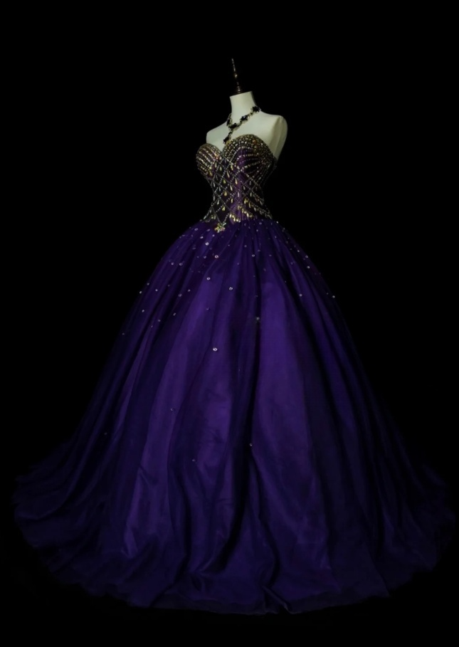 Gorgeous A-Line Purple Long Prom Dress Sequins Satin Sweetheart Evening Dress Tulle Sleeveless Birthday Dress ED06364