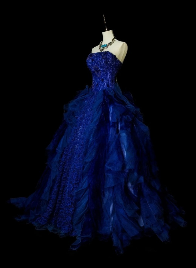 Chic A-Line Blue Long Prom Dress Lace Strapless Evening Dress Sleeveless Sweet 16 Dress ED06375