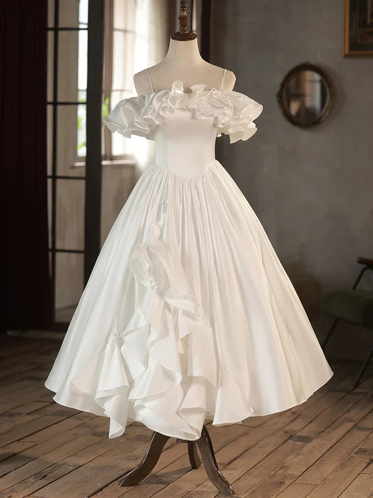 A-Line Tea Length Ivory Prom Dress, White Wedding Party Dress HZ1024