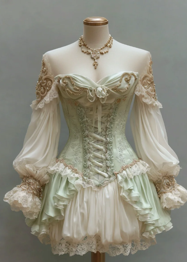 Cute A-Line Green Short Prom Dress  Chiffon Lace Off-shoulder Birthday Dress Long Sleeves Party Dress ED06380