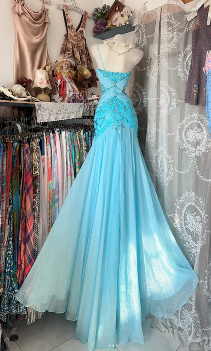 Gorgeous Sheath Blue Long Prom Dress Beaded Chiffon One-shoulder Evening Dress Sleeveless Birthday Dress  ED06385