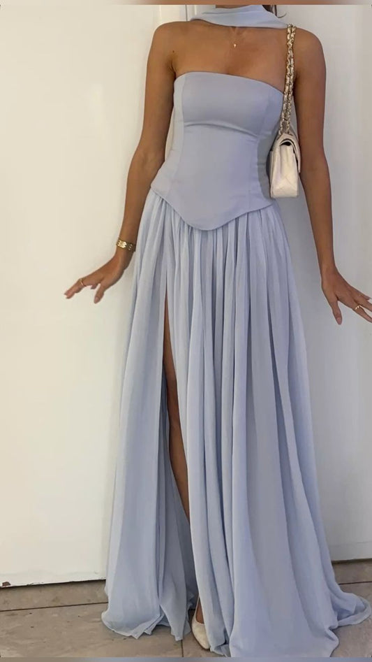 Gorgeous Sheath Gray Blue Long Prom Dress Chiffon Strapless Evening Dress Sleeveless Bridesmaid Dress ED06390