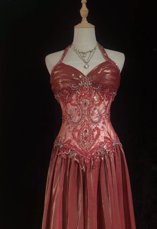 Elegant Sheath Red Long Prom Dress Satin Beaded Halter Evening Dress Sleeveless Party Dress ED06394