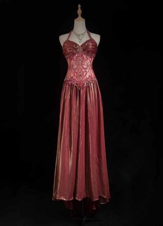 Elegant Sheath Red Long Prom Dress Satin Beaded Halter Evening Dress Sleeveless Party Dress ED06394