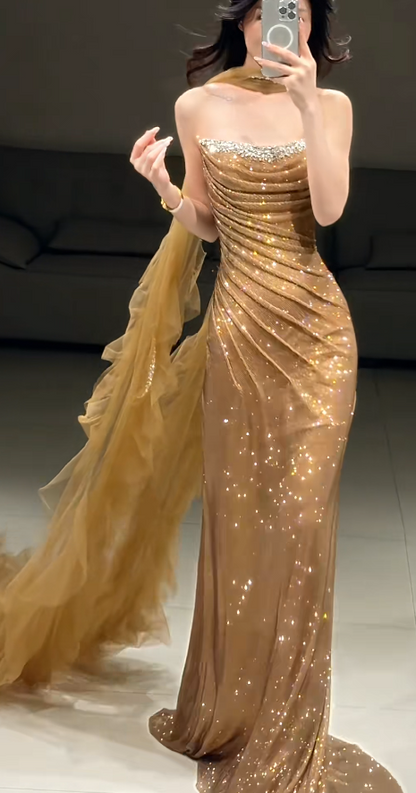 Elegant Sheath Gold Long Prom Dress Tulle Strapless Evening Dress Sleeveless Party Dress ED06398