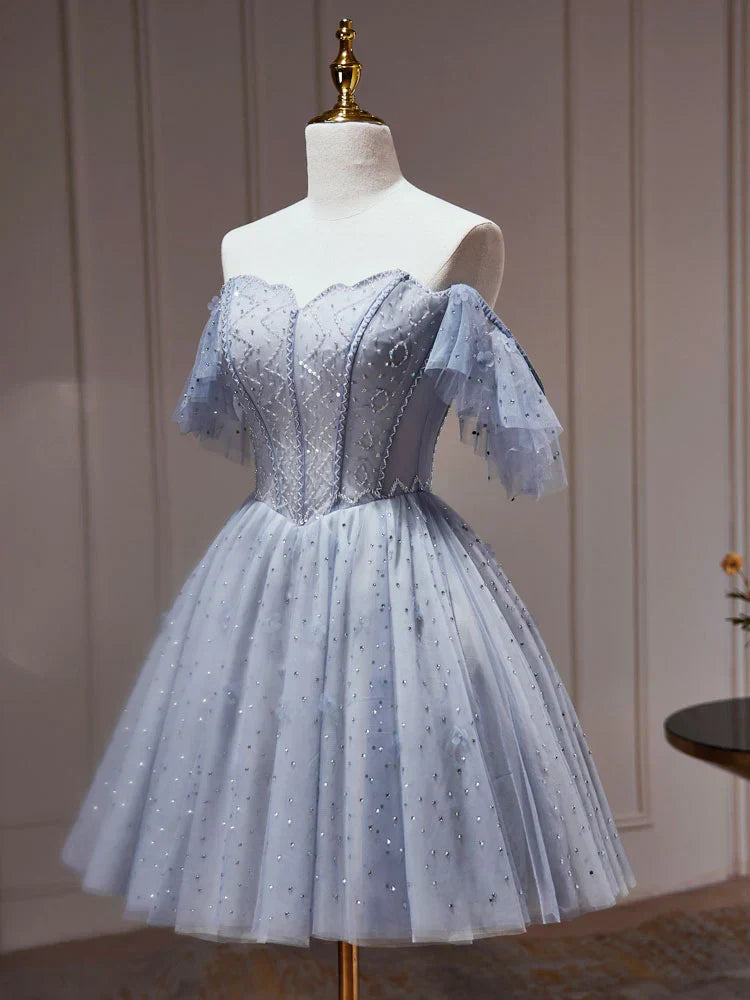 Tulle Dusty Blue Short Prom Dress, Dusty Blue Homecoming Dress HZ1024