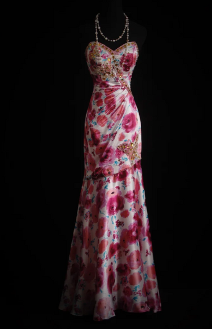 Elegant Sheath Pink Long Prom Dress Satin Beaded Sweetheart Evening Dress Sleeveless Party Dress ED06401