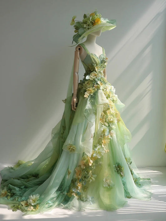 Gorgeous A-Line Green Long Prom Dress Appliques Tulle Spaghetti Straps Evening Dress Sleeveless Sweet 16 Dress  ED06417