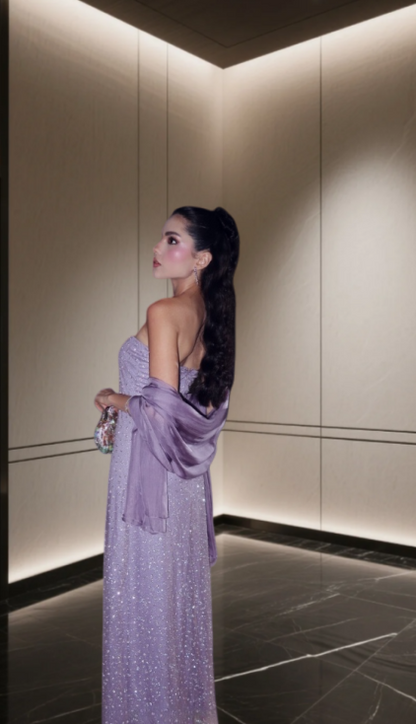 Glitter Sheath Purple Long Prom Dress Beaded Tulle Strapless Evening Dress  ED06425
