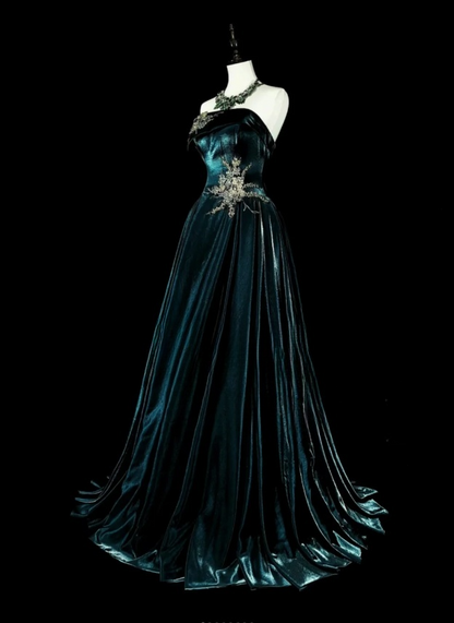 Elegant A-Line Teal Long Prom Dress Velvet Strapless Evening Dress Sleeveless Party Dress ED06431