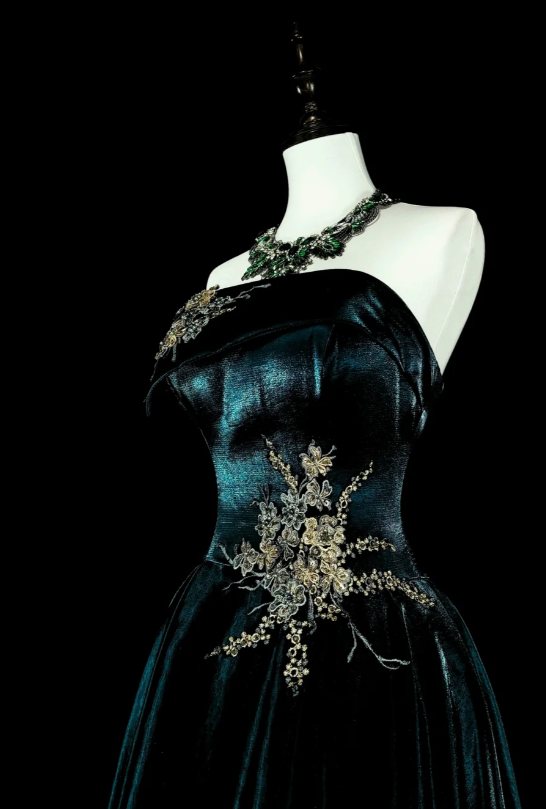 Elegant A-Line Teal Long Prom Dress Velvet Strapless Evening Dress Sleeveless Party Dress ED06431