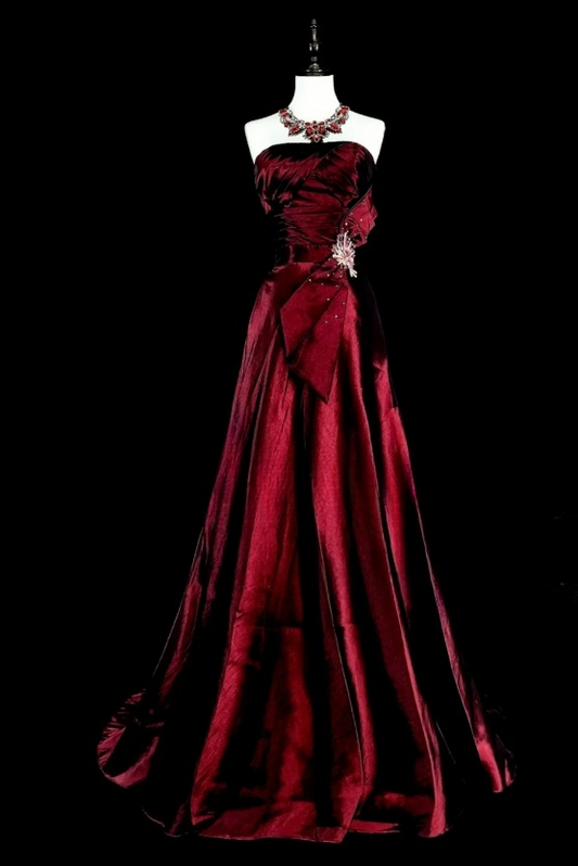 Elegant A-Line Burgundy_ Long Prom Dress Satin Strapless Evening Dress Sleeveless Party Dress ED06433