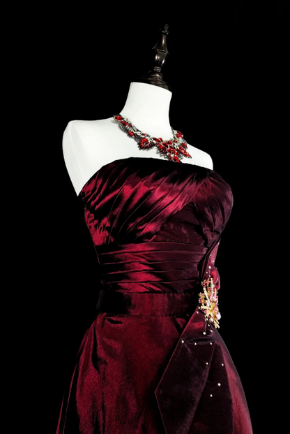 Elegant A-Line Burgundy_ Long Prom Dress Satin Strapless Evening Dress Sleeveless Party Dress ED06433