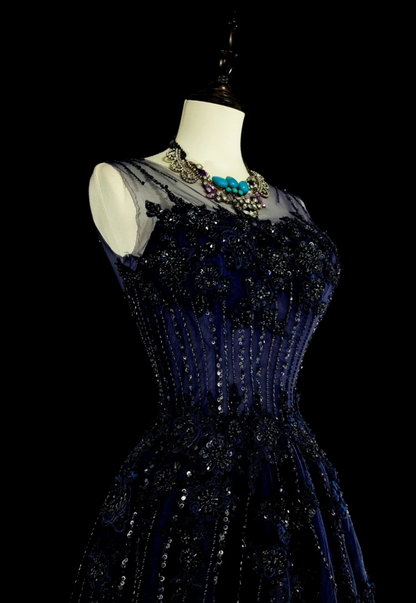 Elegant A-Line Navy Blue Long Prom Dress Beaded Tulle Sheer Straps Evening Dress Sleeveless Party Dress ED06434