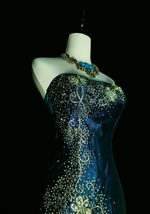 Elegant A-Line Dark Teal Long Prom Dress Satin Beaded Strapless Evening Dress Sleeveless Formal Dress ED06436
