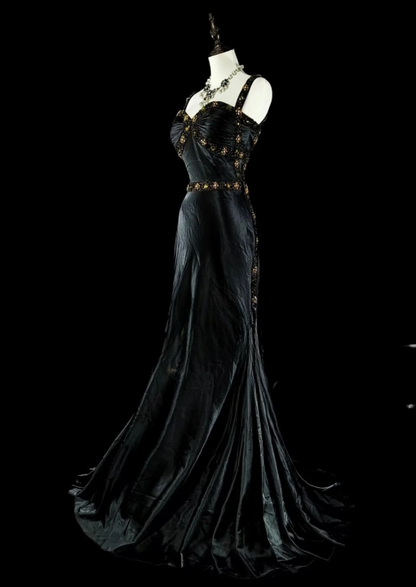 Elegant Sheath Black Long Prom Dress Beaded Satin Straps Evening Dress Sleeveless Formal Dress ED06439