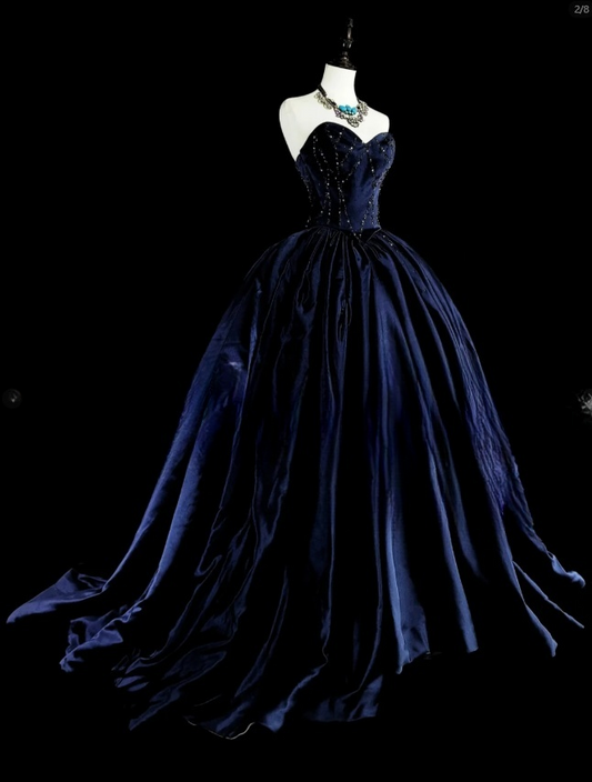 Elegant Sheath Navy Blue Long Prom Dress Beaded Satin Sweetheart Evening Dress Sleeveless Formal Dress ED06440
