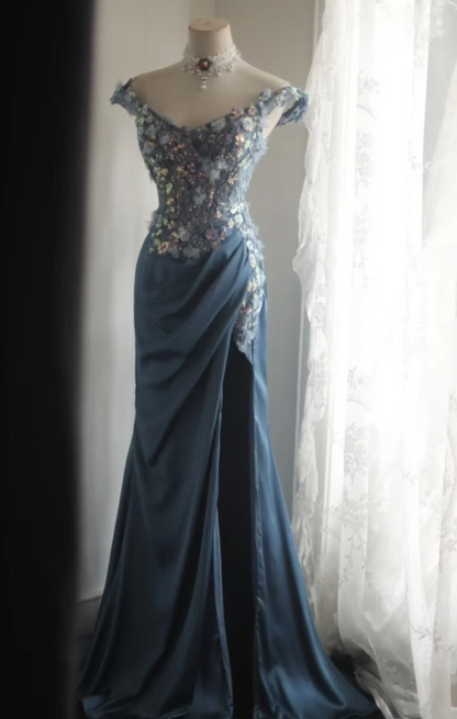 Chic Sheath Blue Long Prom Dress Beaded Satin Off-shouder Evening Dress ED06445