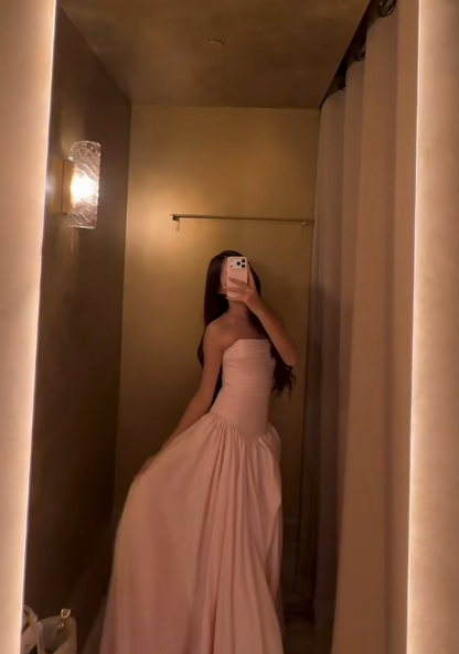 Chic A-line Pink Long Prom Dress Satin Strapless Evening Dress ED06446