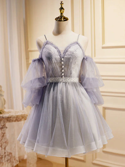 Light Purple A-Line Lace Tulle Short Prom Dress, Light Purple Homecoming Dress ED0644
