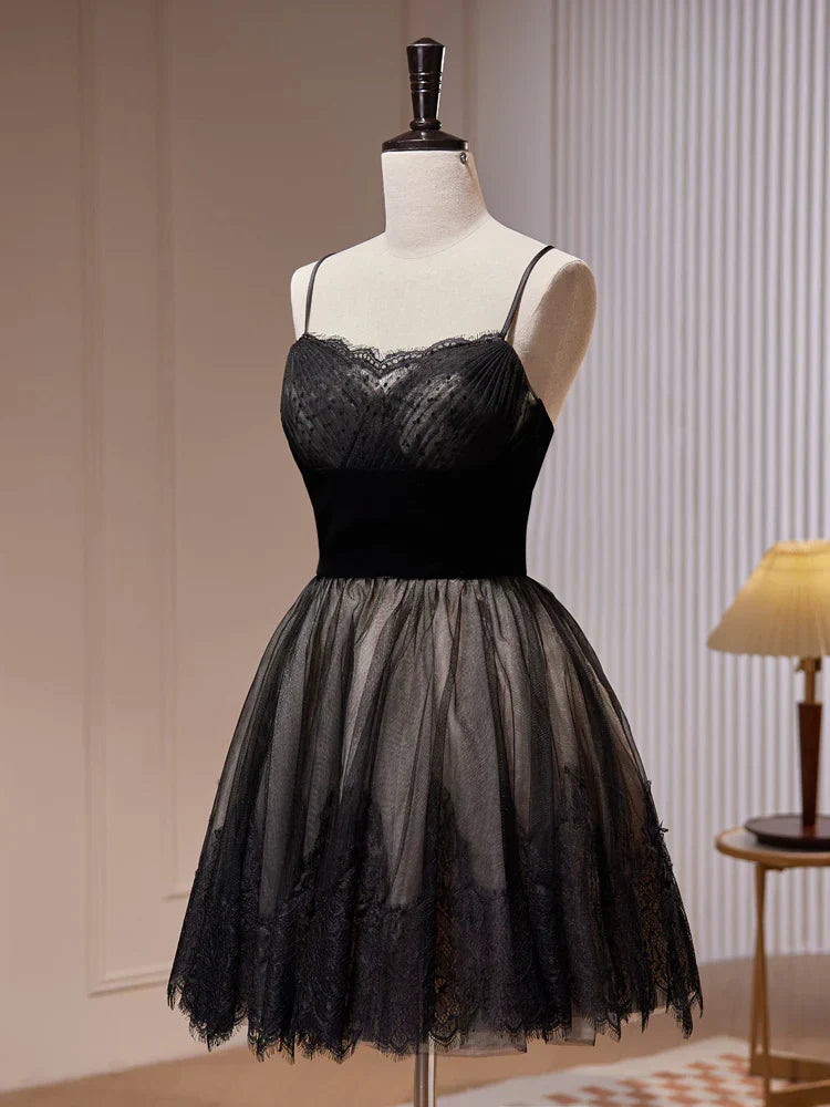 Lace Tulle Black Short Prom Dress, Black Homecoming Dress HZ1024