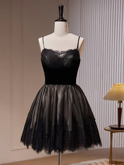 Lace Tulle Black Short Prom Dress, Black Homecoming Dress HZ1024