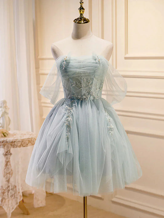 Tulle Off Shoulder Green Short Prom Dress, Green Cute Homecoming Dresses HZ1024