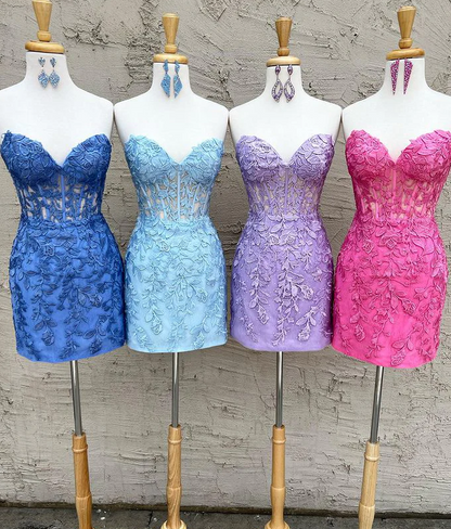 Sweetheart Neck Lace Short Prom Dress, Blue Homecoming Dress HZ1024