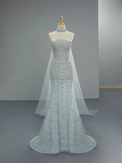 Chic Mermaid ice Blue Long Prom Dress Beaded Tulle Strapless Evening Dress Sleeveless Birthday Dress ED06480