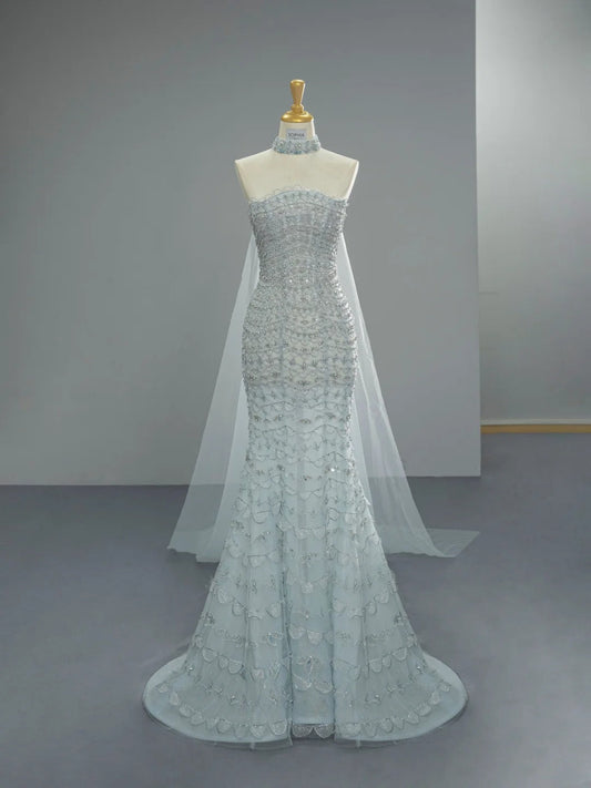 Chic Mermaid ice Blue Long Prom Dress Beaded Tulle Strapless Evening Dress Sleeveless Birthday Dress ED06480