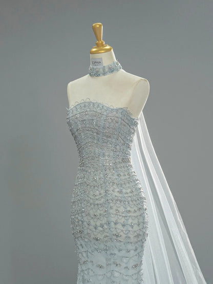 Chic Mermaid ice Blue Long Prom Dress Beaded Tulle Strapless Evening Dress Sleeveless Birthday Dress ED06480